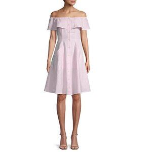 Saks Fifth Avenue Dress 10 NWT Button-Front Striped Linen & Cotton-Blend Pink